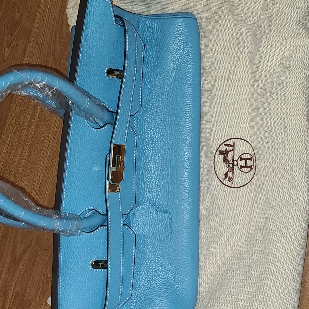 Luxury Light Blue Pebbled Leather Top-Handle Satchel